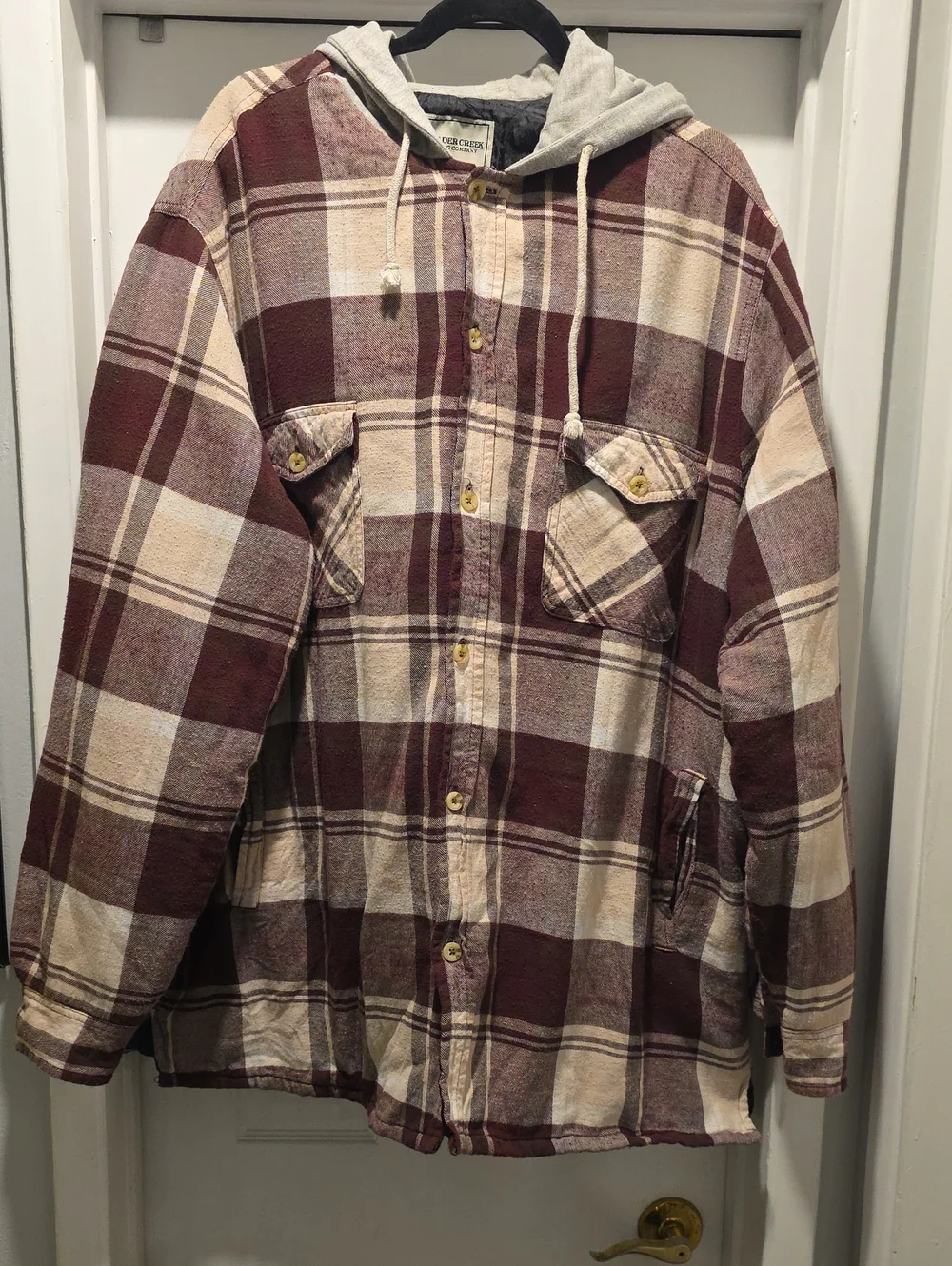 Men's Hooded Flannel Shirt Jacket - Maroon & Cream Plaid